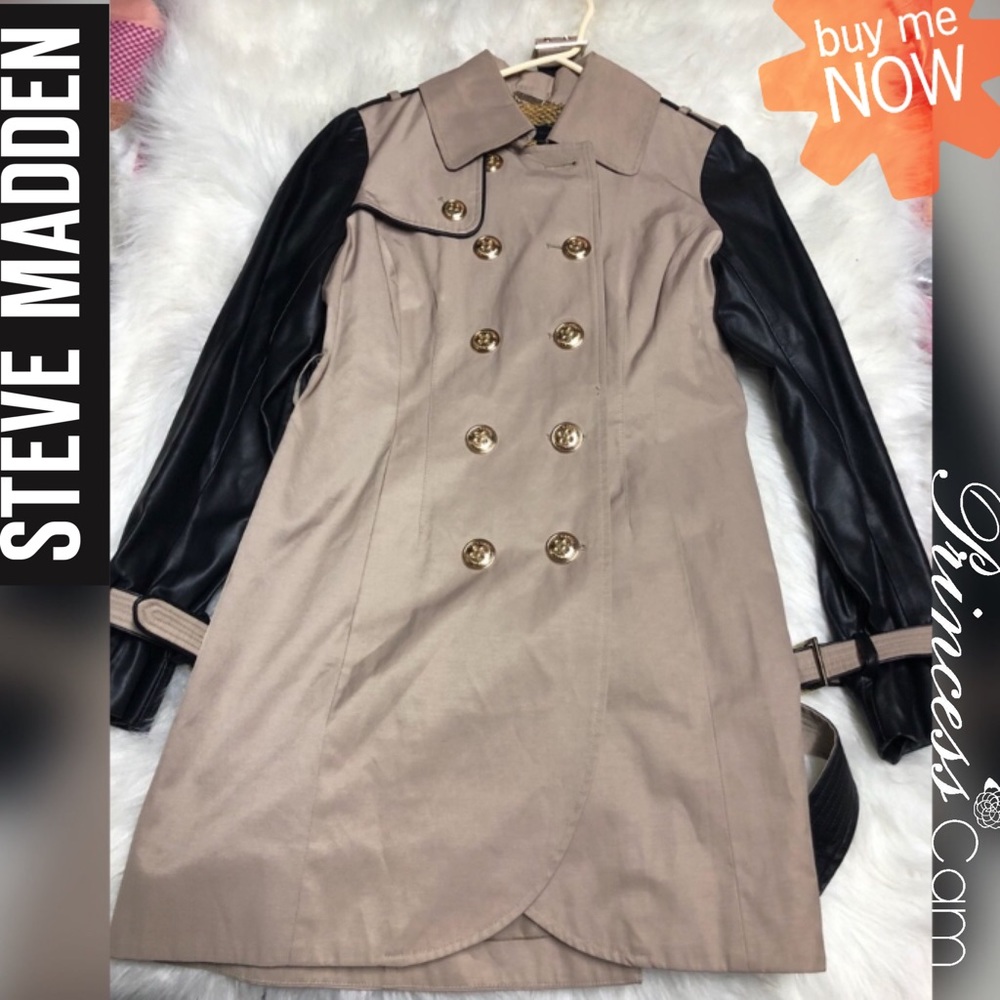 👑Steve Madden Black Leather & Taupe Trench Coat - Picture 6 of 8